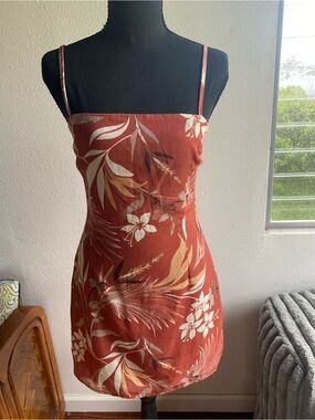 Mahina Hawaii Rust Tropical Linen Blend Mini Dress